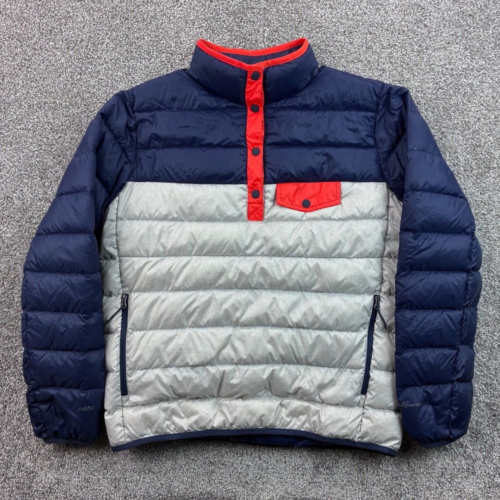 Eddie Bauer EB650 Puffer Jacket Women's Small Blue Gray Snap Neck Down Fill Snap
